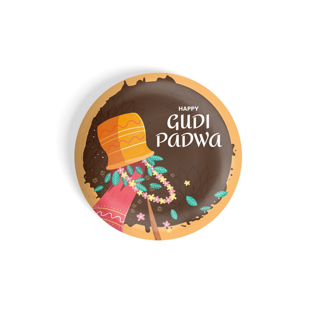dhcrafts Round Fridge Magnet Red Gudi Padwa D2 Glossy Finish Design Pack of 1 (75 mm)