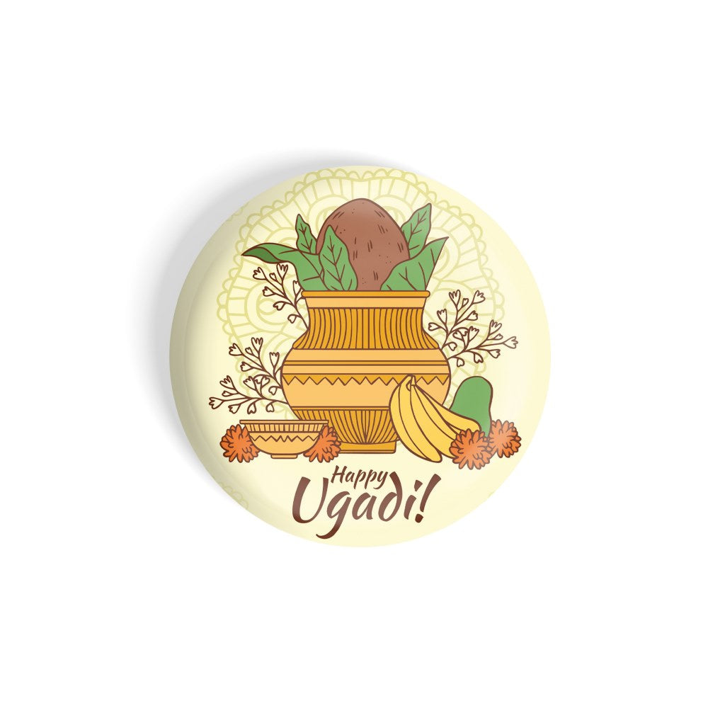dhcrafts Round Fridge Magnet Yellow Ugadi D4 Glossy Finish Design Pack of 1 (58 mm)