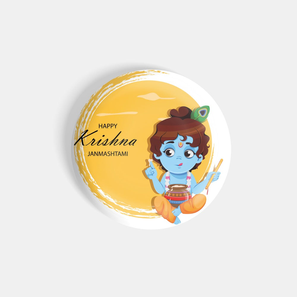 dhcrafts Round Fridge Magnet Yellow Janamashtmi D3 Glossy Finish Design Pack of 1 (58 mm)