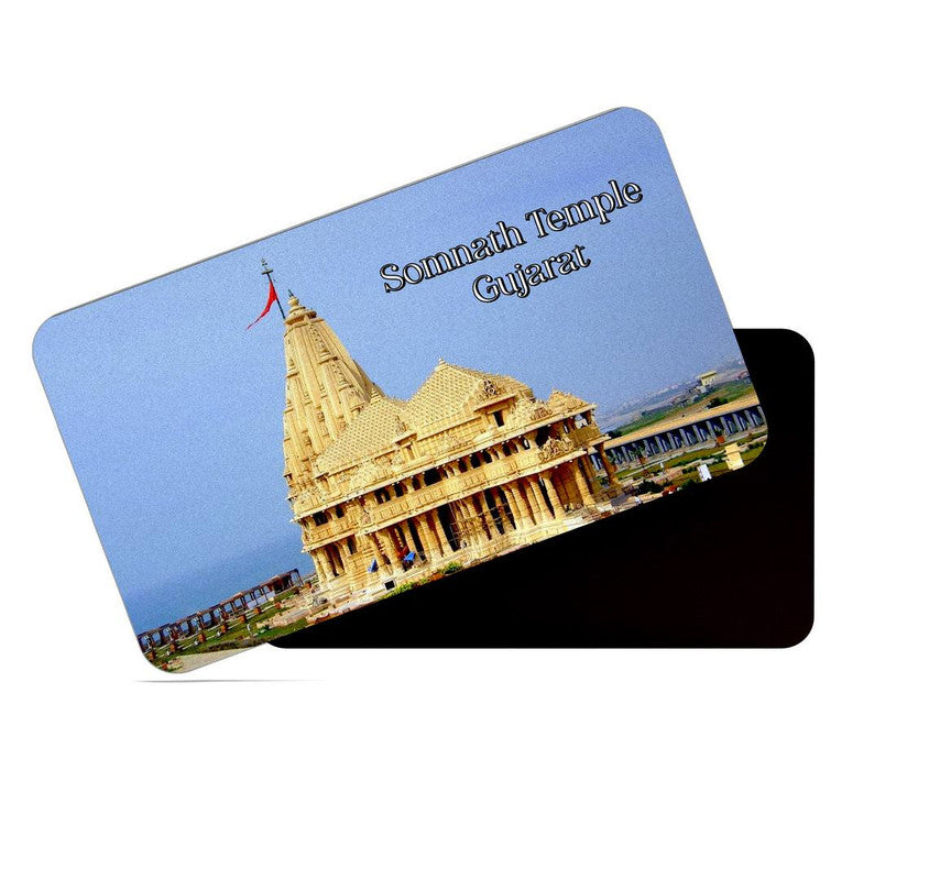 dhcrafts Rectangular Rubber Fridge Magnet / Magnetic Card Multicolor Gujarat Somnath Temple Design Pack of 1 (8.6cm x 5.4cm)