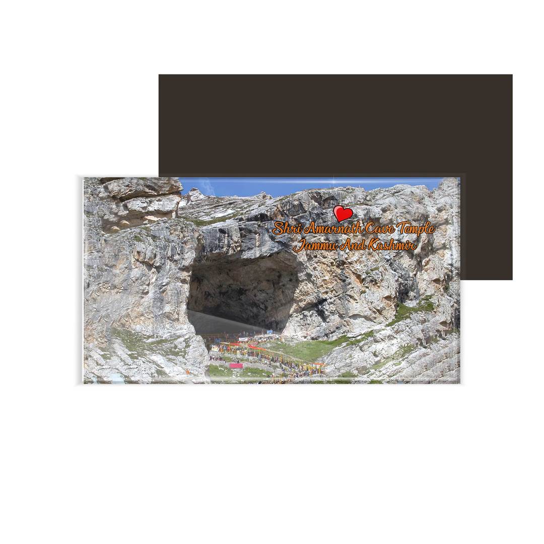 dhcrafts Fridge Magnet Rectangle Acrylic Glass (8.6 x 5.4 cm) Multicolor Jammu and Kashmir Shri Amarnath Caves Temple Design Pack of 1