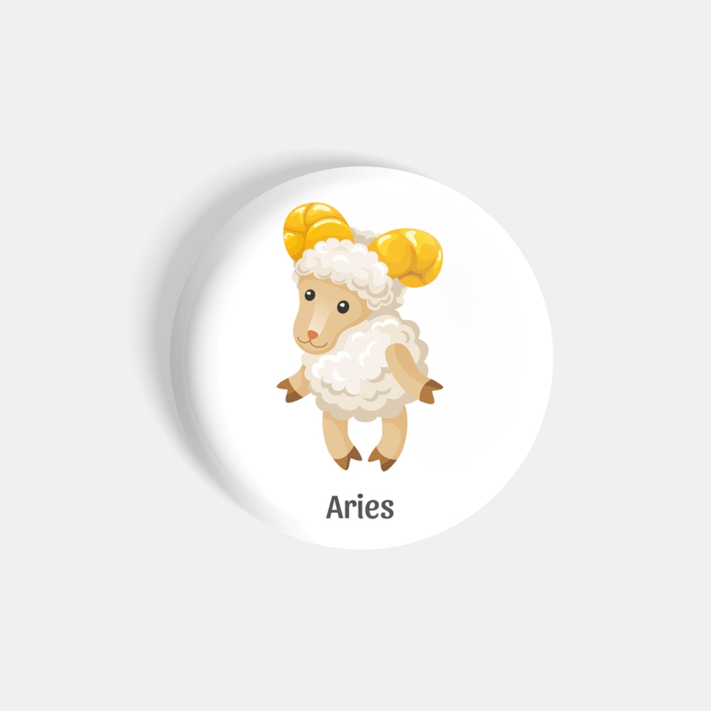 dhcrafts Round Fridge Magnet White Color Cute Zodiac Sign Aries D2 Glossy Finish Design Pack of 1 (75 mm)