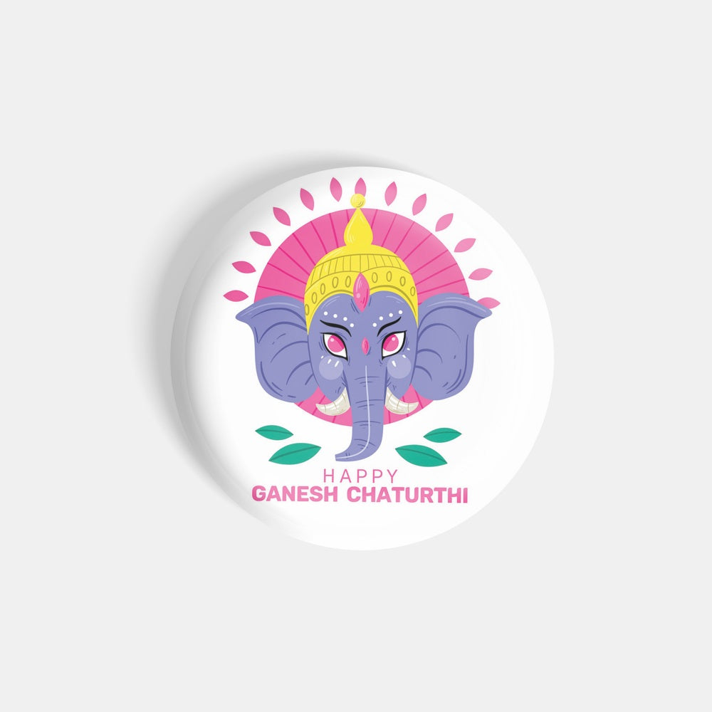 dhcrafts Round Fridge Magnet White Ganesha Chaturthi D2 Glossy Finish Design Pack of 1 (75 mm)