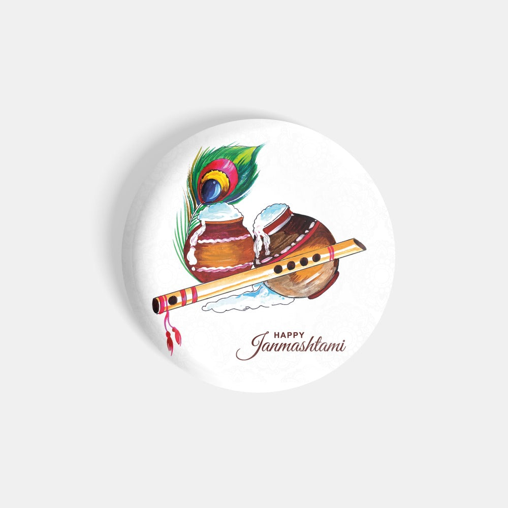 dhcrafts Round Fridge Magnet White Janamashtmi D2 Glossy Finish Design Pack of 1