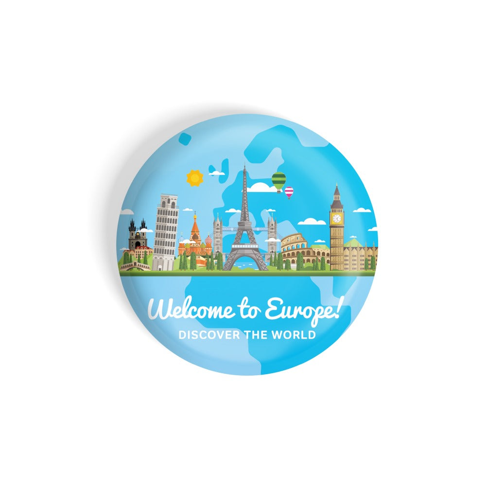 dhcrafts Round Fridge Magnet Blue Color Monuments Discover The World Welcome To Europe D4 Glossy Finish Design Pack of 1 (58 mm)