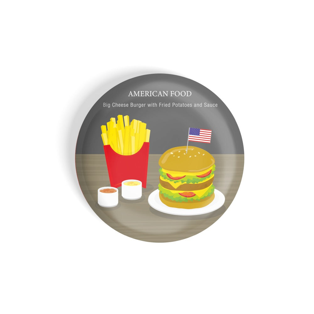 dhcrafts Round Fridge Magnet Multicolour Food Lovers American Cuisine American Food Big Cheese Burger With Fried Potatoes And Sauce Glossy Finish Design Pack of 1 (58 mm)