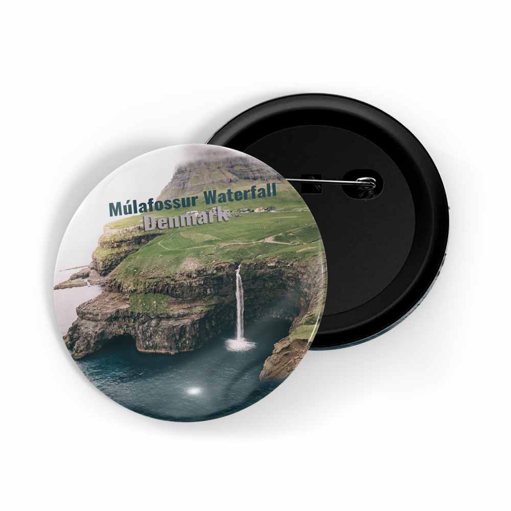 dhcrafts Round Pin Badge Multicolor Famous Tourist Place Mulafossur Waterfall Denmark Glossy Finish Design Pack of 1 (58mm)