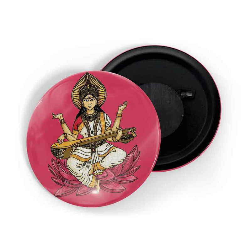 dhcrafts Round Fridge Magnet Pink color Maa Saraswati D2 Glossy Finish Design Pack of 1 (58 mm)