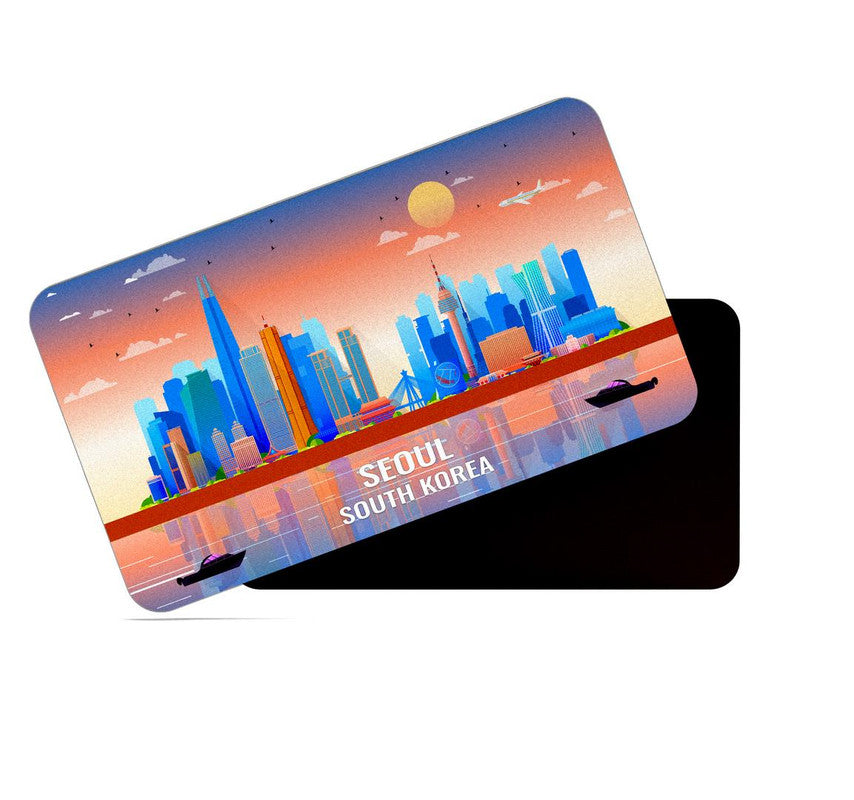 dhcrafts Rectangular Rubber Fridge Magnet / Magnetic Card Multicolor South Korea Seoul Design Pack of 1 (8.6cm x 5.4cm)