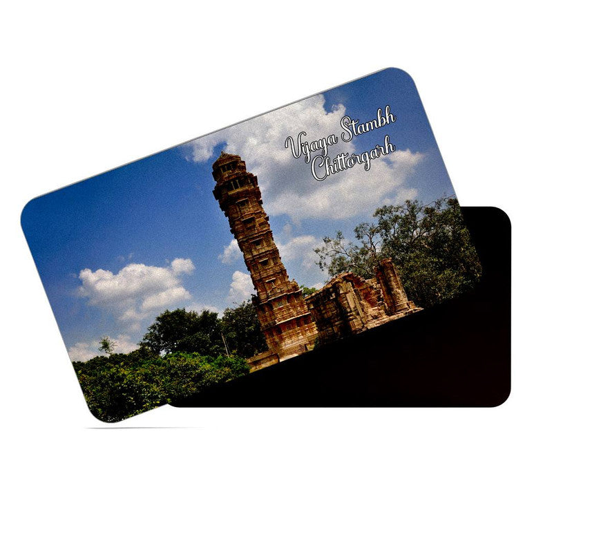 dhcrafts Rectangular Rubber Fridge Magnet / Magnetic Card Multicolor Rajasthan Vijaya Stambh Chittorgarh Design Pack of 1 (8.6cm x 5.4cm)