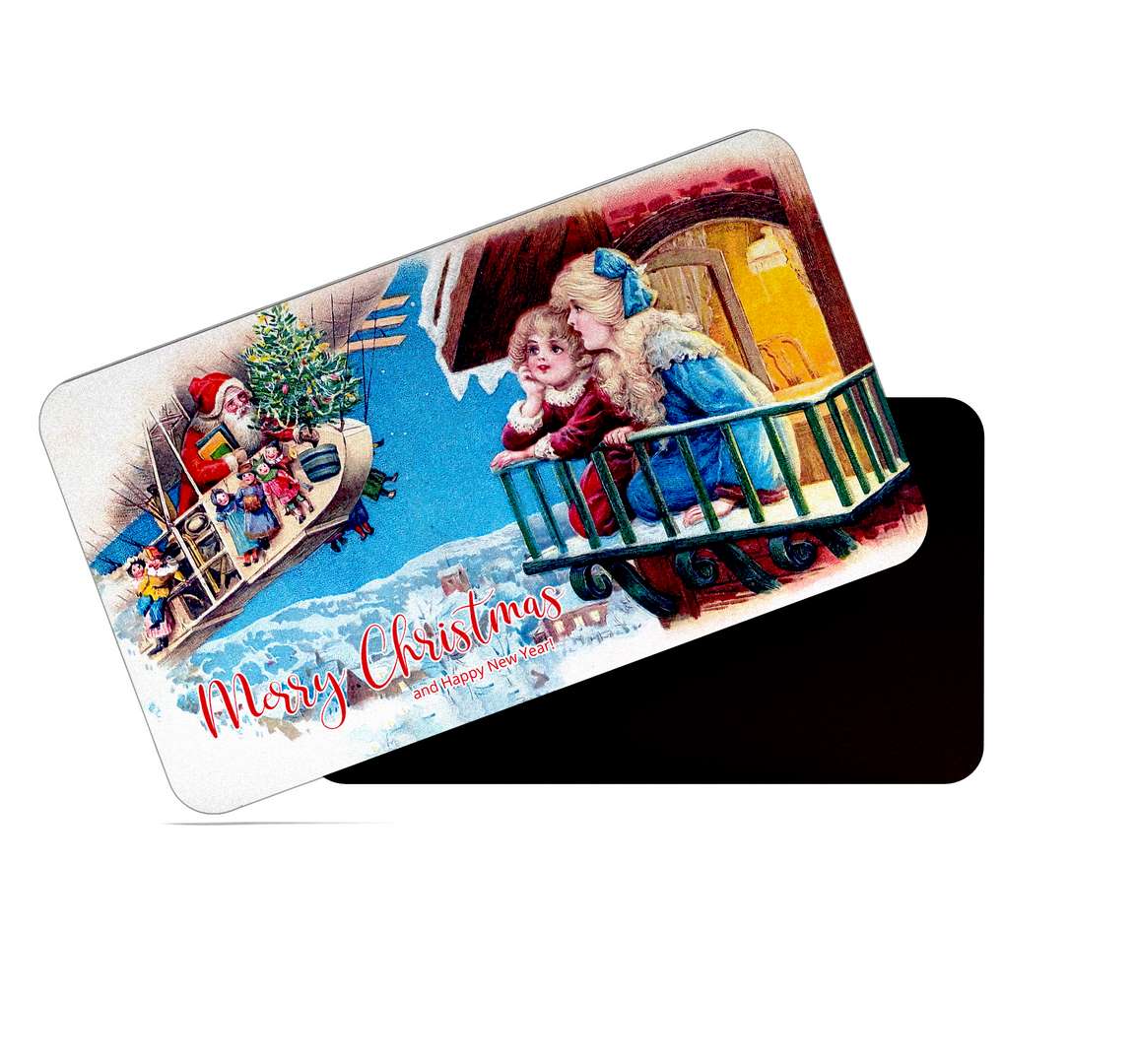 dhcrafts Red Merry Christmas And Happy New Year Santa Clause With Children Design Rectangular Rubber Matte Finish Fridge Magnet / Magnetic Card Pack of 1 (8.6cm x 5.4cm)