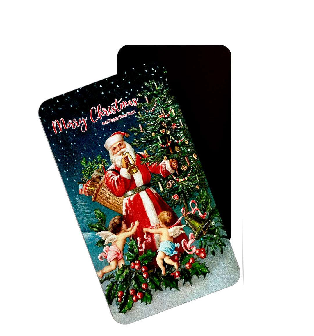 dhcrafts White Merry Christmas And Happy New Year Santa Clause With Angels Design Rectangular Rubber Matte Finish Fridge Magnet / Magnetic Card Pack of 1 (8.6cm x 5.4cm)