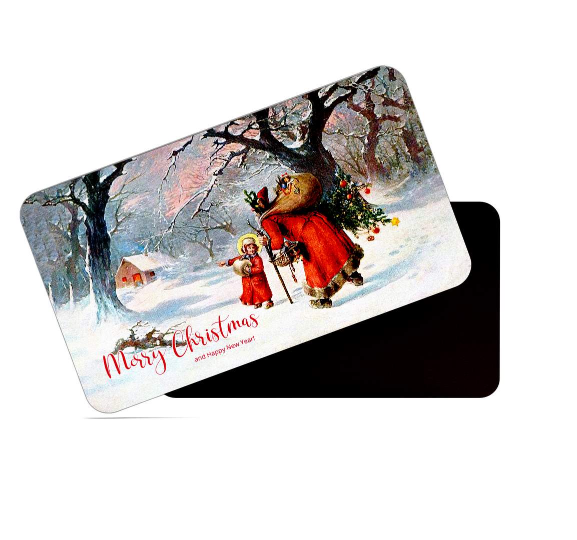 dhcrafts White Merry Christmas And Happy New Year Santa Clause With Presents Design Rectangular Rubber Matte Finish Fridge Magnet / Magnetic Card Pack of 1 (8.6cm x 5.4cm)