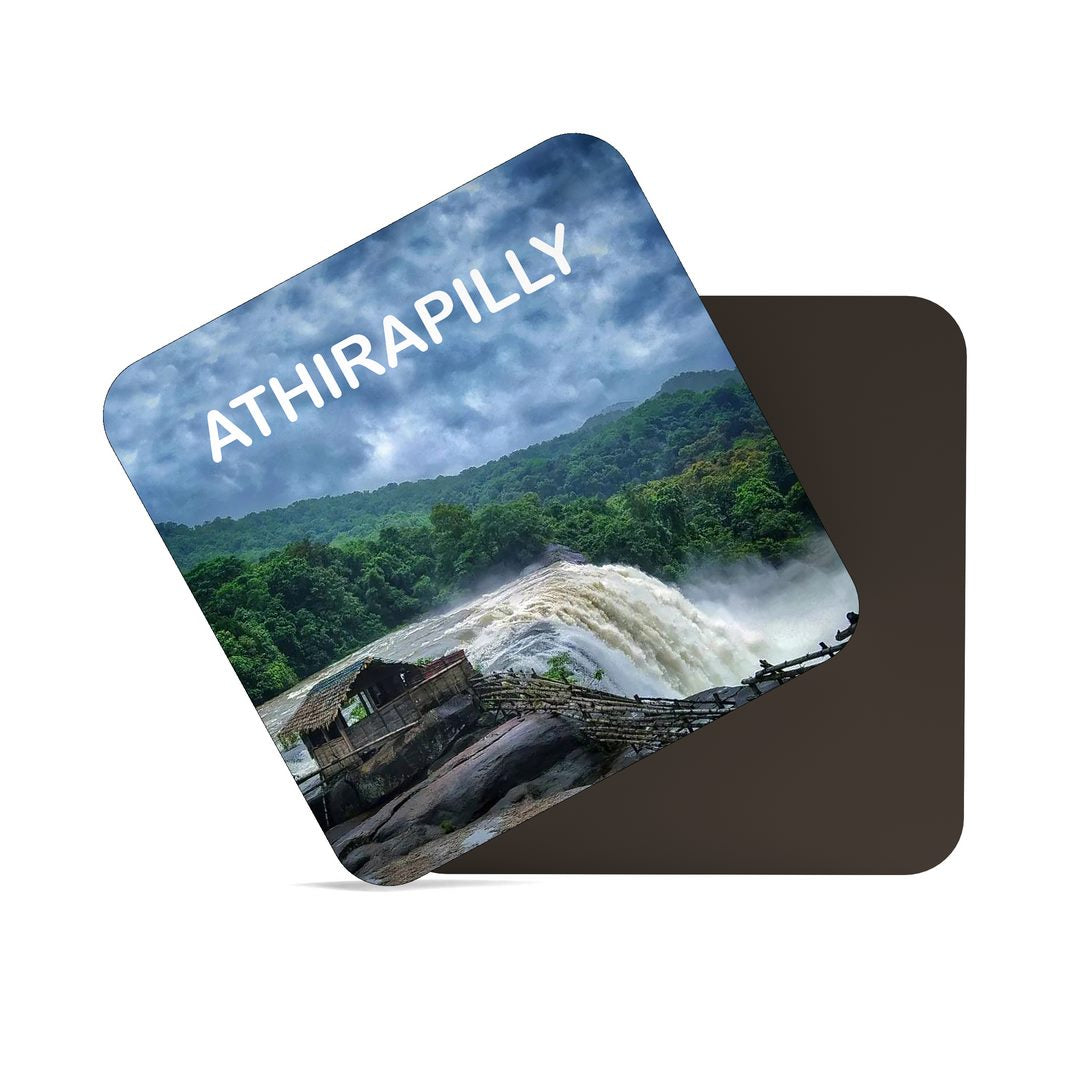 dhcrafts Fridge Magnet Square Acrylic Glass Kerala Athirappilly Design Pack of 1 (8.4cm x 8.4cm)