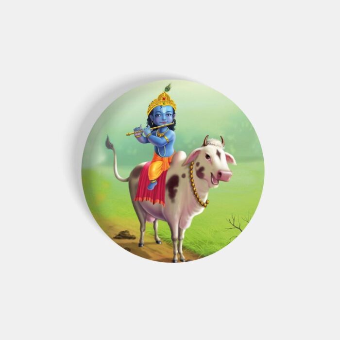 dhcrafts Pin Badges Green Colour Baal Krishna On Cow D16 Glossy Finish Design Pack of 1