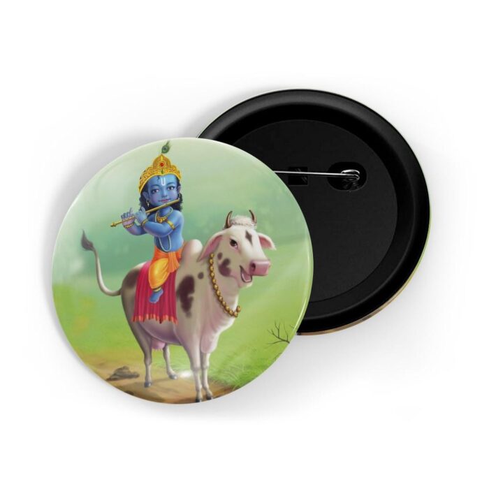 dhcrafts Pin Badges Green Colour Baal Krishna On Cow D16 Glossy Finish Design Pack of 1