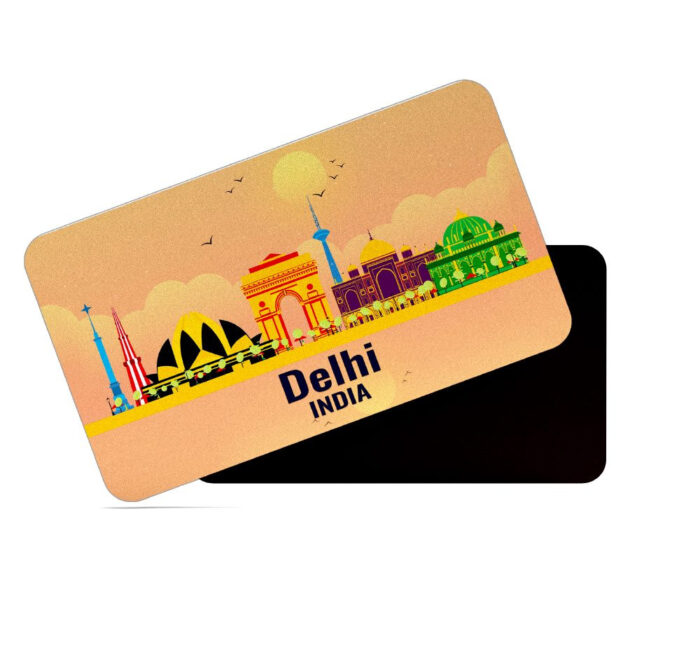 dhcrafts Rectangular Rubber Fridge Magnet / Magnetic Card Orange India Delhi Design Pack of 1 (8.6cm x 5.4cm)