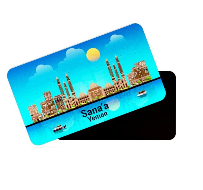 dhcrafts Rectangular Rubber Fridge Magnet / Magnetic Card Blue Yemen Sana'a Design Pack of 1 (8.6cm x 5.4cm)